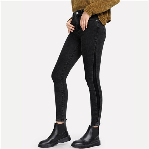 SHEIN Grey Streetwear Patched Crop Skinny Button Fly Zipper Fly Jeans