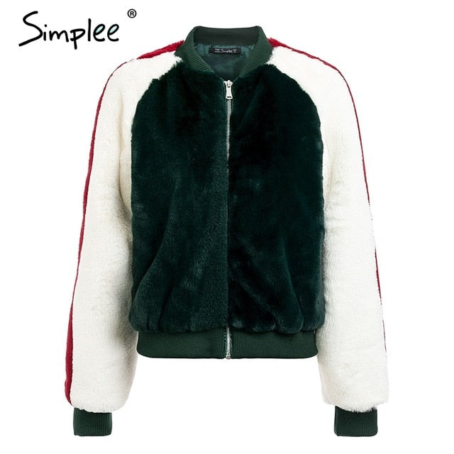 Simplee Furry faux fur coat women short Zipper Bomber Jacket