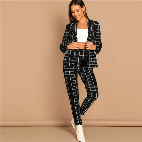 SHEIN Black Stretchy Grid Print Shawl Collar Plaid Long Sleeve Blazer Pants