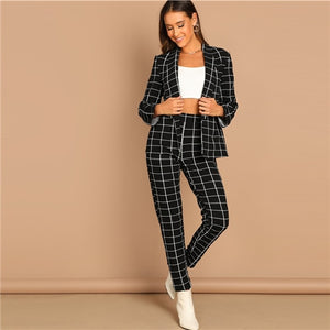 SHEIN Black Stretchy Grid Print Shawl Collar Plaid Long Sleeve Blazer Pants