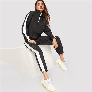 SHEIN Black High Neck Zip Half Placket Contrast Panel Jacket And Pants Tracksuit