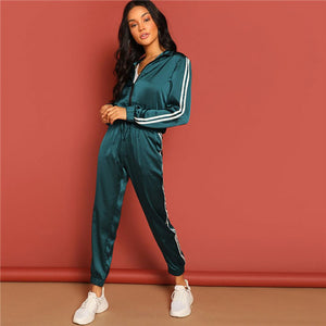 SHEIN Zip Up Striped Tape Jacket And Drawstring Pants Satin Tracksuit