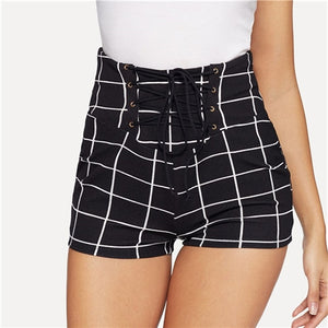 SHEIN Black Lace Up Front Plaid