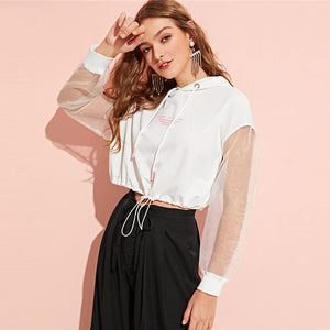 SHEIN White Casual Mesh Letter Print Drawstring Crop Hoodie Sleeve Pullover