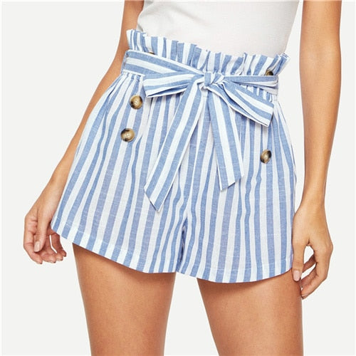 SHEIN Pleated Waist Buttoned Belt Knot Striped Shorts