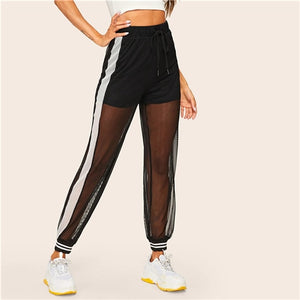 SHEIN Casual Black Drawstring Waist Striped Sheer Sweatpants